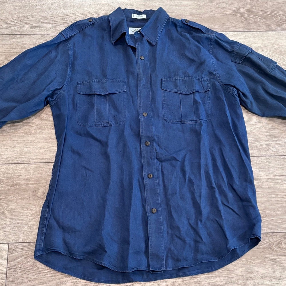 Orvis Linen Button Down Shirt Mens Large Blue Utility Safari Field Long Sleeve